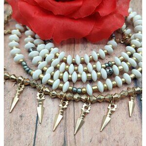 Plunder Multi-Layered Gold Tone & White Beaded Necklace With Spiked Charms
